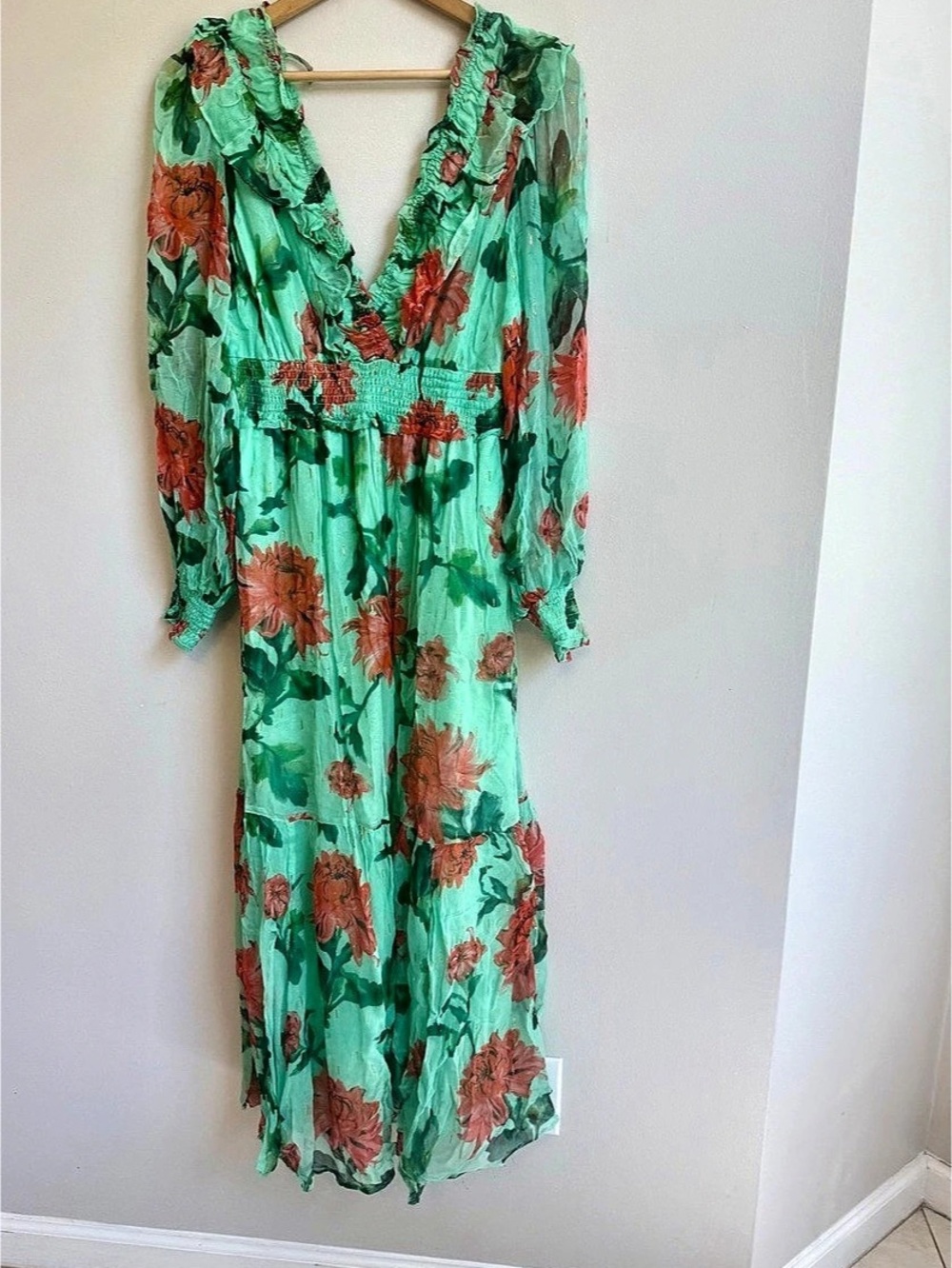 Anthropologie Floral Midi Dress in Green & Red, Size Medium